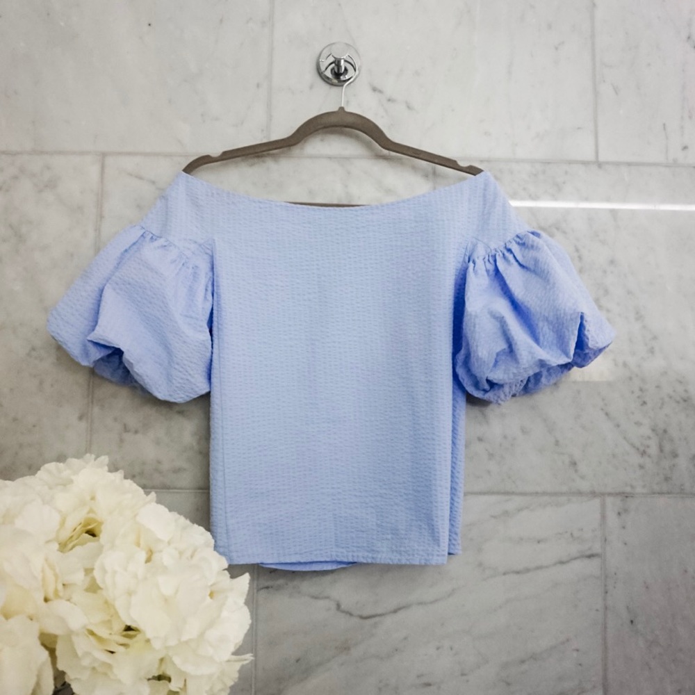 Puffy Sleeve Blue Seersucker H&M 6 S Top Ruffled